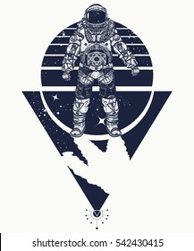 Astronaut in space, tattoo. Cosmonaut in deep space triangular style t-shirt design. Spaceman art