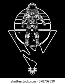 Astronaut in space, tattoo. Cosmonaut in deep space triangular style t-shirt design. Spacman art 