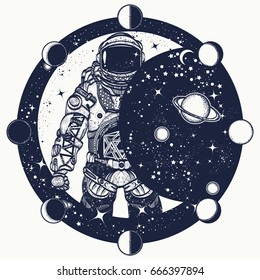 Astronaut in space tattoo. Cosmonaut in universe, solar eclipse t-shirt design. Symbol of science, astronomy, education 