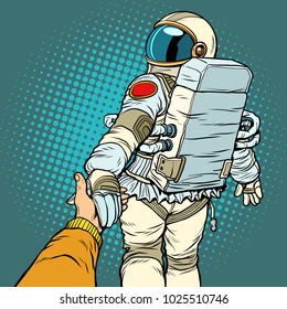 astronaut space travel follow me concept, couple love hand leads. Pop art retro vector illustration comic cartoon vector vintage kitsch drawing