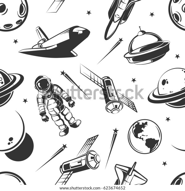 ビンテージスタイルの宇宙飛行ベクター画像シームレスパターン 宇宙飛行士と宇宙船のシームレスなパターン 天文惑星とロケット宇宙船を持つ宇宙船のイラスト のベクター画像素材 ロイヤリティフリー