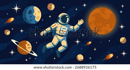 Astronaut space trip. Cosmonaut in outer cosmos, spaceman helmet rocket craft galaxy planet universe abstract star landscape cosmic explore concept, kicky vector illustration