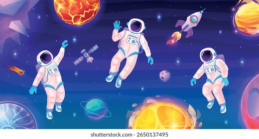 Astronaut space trip. Spaceman in outer cosmos, galaxy planet universe abstract star landscape cosmic explore concept rocket craft cosmonaut in helmet, swanky vector illustration original artwork