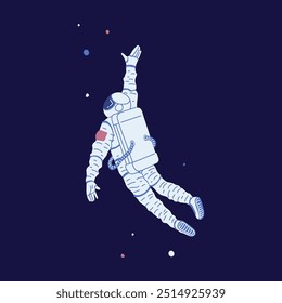 Astronaut in space vector flat illustration. Flying cosmonaut in spacesuit. Interstellar character hovering with stars in galaxy. Cartoon cosmic technology. Human explore space flight