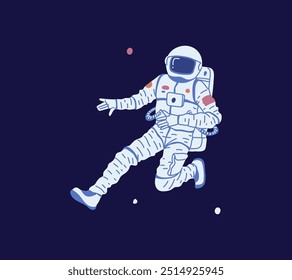 Astronaut in space vector flat illustration. Flying cosmonaut in spacesuit. Interstellar character soaring with stars in galaxy. Cartoon cosmic technology