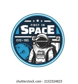 Astronaut in space vector icon. Planets and stars of galaxy universe, Moon and spaceman with spacesuit and helmet. Astronomy science, cosmos travel and space adventure isolated round icon