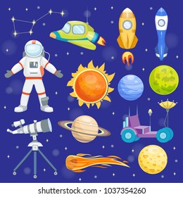 Astronaut space vector icons landing planets spaceship solar system future exploration spaceship cosmonaut rocket shuttle sun, planets, asteroid spaceman illustration