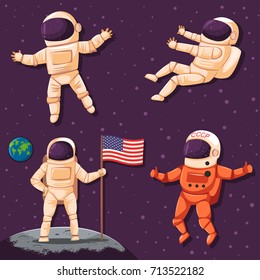 Astronaut in space vector set. Cartoon character of a cosmonaut in a helmet and a spacesuit isolated on a universe background.