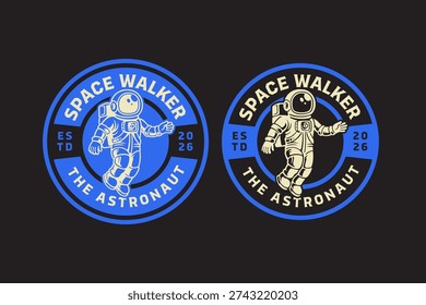 Astronaut space walker retro badge logo design set for outdoor. Space mission vintage patch symbol pack for kids. Cosmic explorer rustic emblem element bundle for adventure