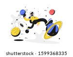 Astronaut space walking vector illustration. Man in spacesuit going in cosmos outside spacecraft among planets flat style design. Spacewalking concept