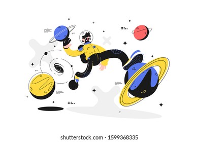 Astronaut space walking vector illustration. Man in spacesuit going in cosmos outside spacecraft among planets flat style design. Spacewalking concept