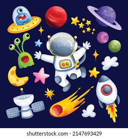 Astronaut and Space Watercolor Clipart Set 