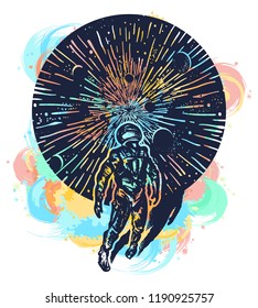 Astronaut in space watercolor splashes style tattoo art. Concept of science, astronomy, education, future t-shirt design. Spaceman in Universe 