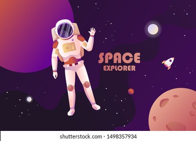 Astronaut in space waves his hand. Planets and the universe. Vector cartoon colorful illustration. Background