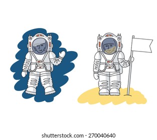 Astronaut in space is waving his hand and astronaut is standing on the surface of new planet with flag in his hands. Space travel concept
