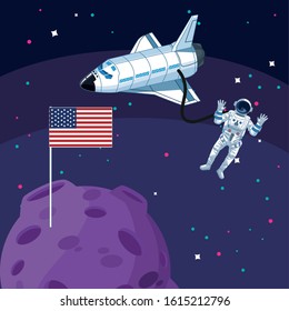 astronaut spacecraft american flag in moon space exploration vector illustration