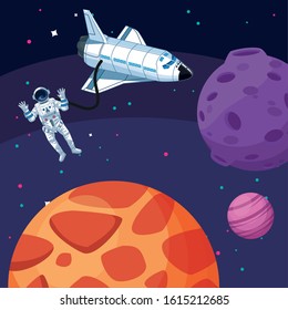 astronaut spacecraft moon planets stars space exploration vector illustration