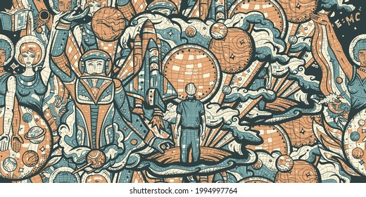 Astronaut, spacecraft, scientists and dreamer. Space program of America and China. Retro Soviet Union mosaic. Universe and people. Vintage seamless pattern. Multicultural study of deep space 