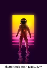 An astronaut spaceman backlit by neon lights. Space exploration vector illustration.