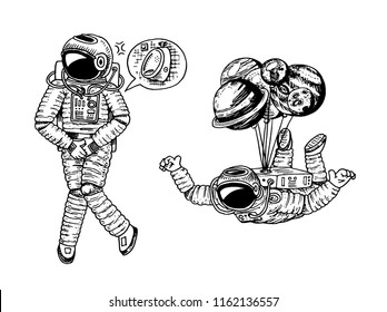 Astronaut spaceman with balloons moon, sun earth, mars venus. astronomical galaxy space. cosmonaut explore adventure. wc restroom symbol. engraved hand drawn in old sketch. planets in solar system.