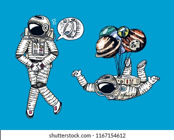 Astronaut spaceman with balloons moon, sun earth, mars venus. astronomical galaxy space. cosmonaut explore adventure. wc restroom symbol. engraved hand drawn in old sketch. planets in solar system.