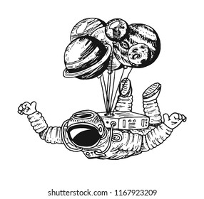 Astronaut spaceman with balloons moon, sun earth, mars venus. astronomical galaxy space. cosmonaut explore adventure. planets in solar system. engraved hand drawn in old sketch.