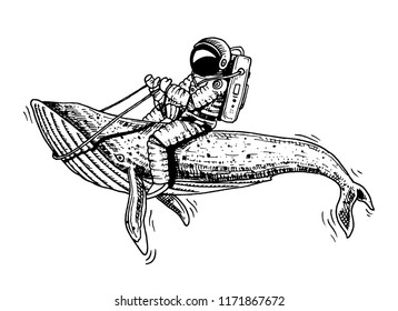 Astronaut spaceman with blue whale. astronomical galaxy space. Funny cosmonaut explore adventure. engraved hand drawn in old sketch.planets in solar system.