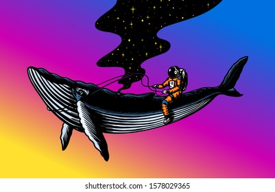 Astronaut spaceman with blue whale. Astronomical galaxy space. Funny cosmonaut explore adventure. Engraved hand drawn in old sketch. Planets in the solar system.