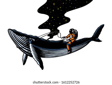 Astronaut spaceman with blue whale. Astronomical galaxy space. Funny cosmonaut explore adventure. Engraved hand drawn in old sketch. Planets in the solar system.