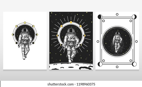 astronaut spaceman cards. Moon phases planets in solar system. astronomical galaxy space. cosmonaut explore adventure. engraved hand drawn in old sketch, vintage style for label or T-shirt.