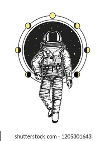 astronaut spaceman cards. Moon phases planets in solar system. astronomical galaxy space. cosmonaut explore adventure. engraved hand drawn in old sketch, vintage style for label or T-shirt.