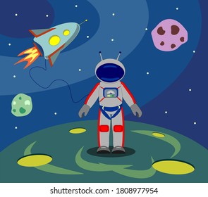 astronaut (spaceman, cosmonaut) in space standing on fantasy planet. Vector illustration, flat design