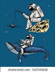 Astronaut spaceman with a fishing rod on the moon. astronomical galaxy space. Funny cosmonaut explore adventure. engraved hand drawn in old sketch. blue whale among the planets in solar system.