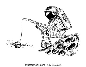 Astronaut spaceman with a fishing rod on the moon. astronomical galaxy space. Funny cosmonaut explore adventure. engraved hand drawn in old sketch.