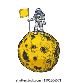 Astronaut spaceman with flag on planet with impact craters color sketch engraving vector illustration. Scratch board style imitation. Black and white hand drawn image.