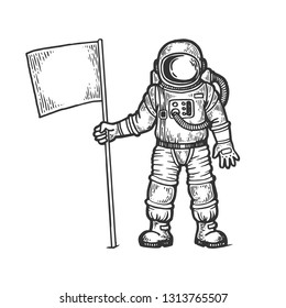 Astronaut spaceman with flag sketch engraving vector illustration. Scratch board style imitation. Black and white hand drawn image.