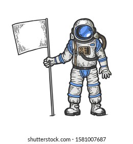 Astronaut spaceman with flag sketch engraving vector illustration. T-shirt apparel print design. Scratch board style imitation. Black and white hand drawn image.