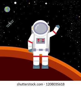 Astronaut spaceman flat vector cartoon illustration on cosmic
 background. Space exploring person icon. Galaxy development and universe studies concept. Scientific cosmos research. Cosmonaut symbol