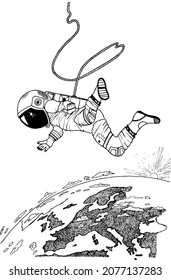 Astronaut spaceman flies to planet Earth. Astronomical galaxy space. Funny cosmonaut explore adventure. Engraved hand drawn in old sketch. 