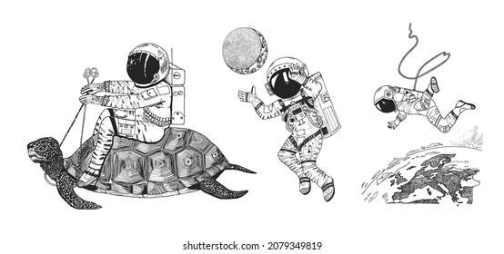 Astronaut spaceman flies to planet Earth. Turtle and moon. Astronomical galaxy space. Funny cosmonaut explore adventure. Engraved hand drawn in old sketch. 