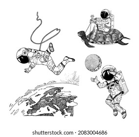 Astronaut spaceman flies to planet Earth. Turtle and moon. Astronomical galaxy space. Funny cosmonaut explore adventure. Engraved hand drawn in old sketch. 