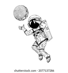 Astronaut spaceman with moon. Astronomical galaxy space. Funny cosmonaut explore adventure. Engraved hand drawn in old sketch. 