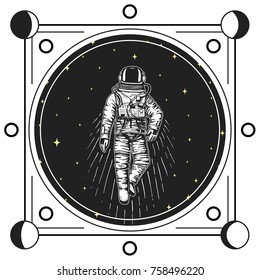 astronaut spaceman. Moon phases planets in solar system. astronomical galaxy space. cosmonaut explore adventure. engraved hand drawn in old sketch, vintage style for label or T-shirt.