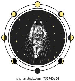astronaut spaceman. Moon phases planets in solar system. astronomical galaxy space. cosmonaut explore adventure. engraved hand drawn in old sketch, vintage style for label or T-shirt.