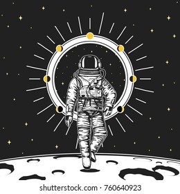 astronaut spaceman. Moon phases planets in solar system. astronomical galaxy space. cosmonaut explore adventure. engraved hand drawn in old sketch, vintage style for label or T-shirt.