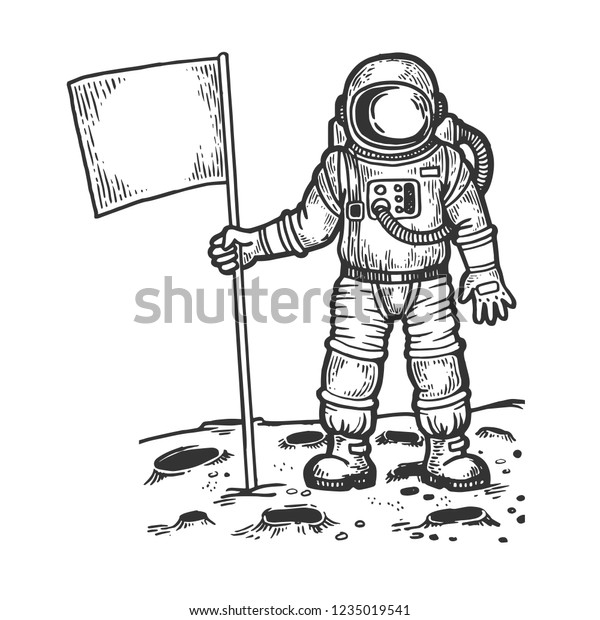 月を彫る宇宙飛行士のベクターイラスト スクラッチボードのスタイルの模倣 白黒の手描きの画像 のベクター画像素材 ロイヤリティフリー