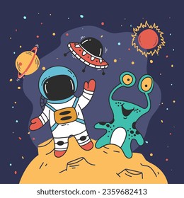 Astronaut spaceman on moon planet space concept. Vector flat graphic design illustration