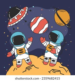 El concepto de astronauta espacial en el planeta luna. Ilustración de diseño gráfico plano vectorial