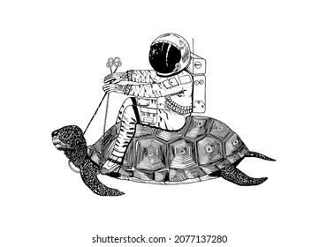 Astronaut spaceman on a turtle. Astronomical galaxy space. Funny cosmonaut explore adventure. Engraved hand drawn in old sketch. 