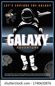 Astronaut or spaceman in outer space, vector with glitch effect. Spaceman galaxy explorer in spacesuit fly in starry sky with planets, satellite and shuttle. Universe exploration adventure